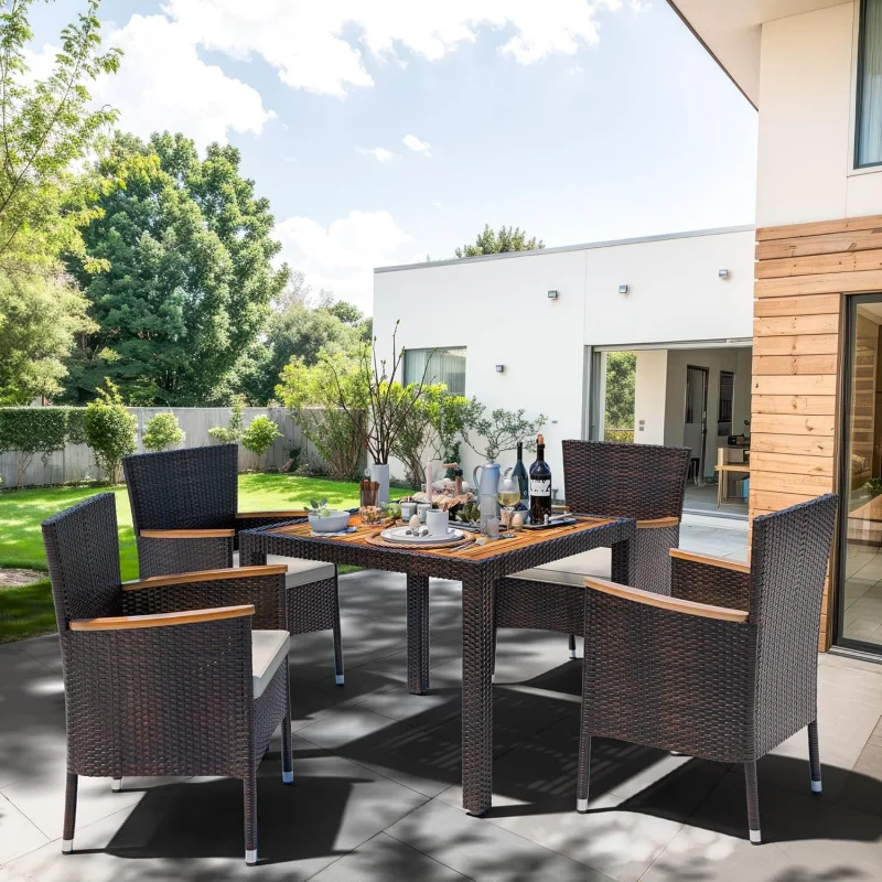 

5-Piece Brown Rattan Patio Dining Set, Wicker Table & Chairs/ Soft Cushions, Wood Top, Fade-Resistant Outdoor Furniture