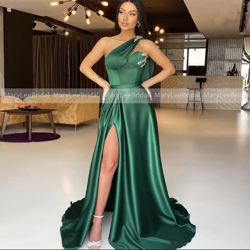 Customized Dark Green Prom Dresses One Shoulder Corset Bodice Front High Slit Evening Dress Formal Night Party Gowns for Women