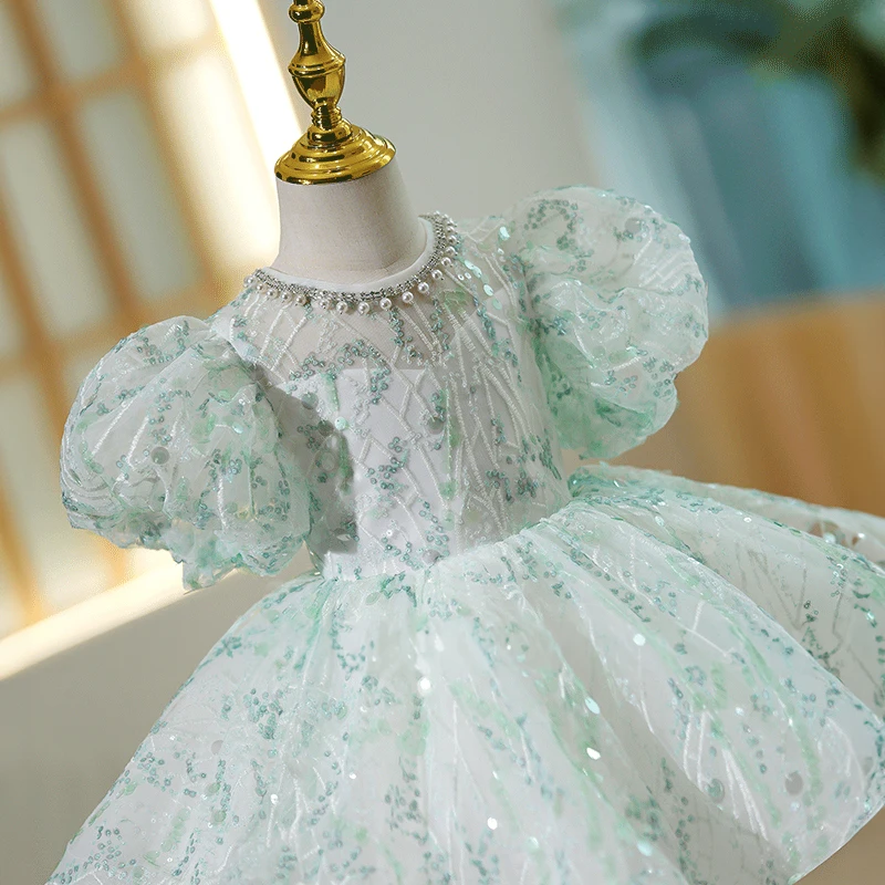 2023 Elegant Wedding Kids Formal Occasion Dress Mint Green for Little Girls Party Pageant Short Evening Gowns Luxury Eid Dresses