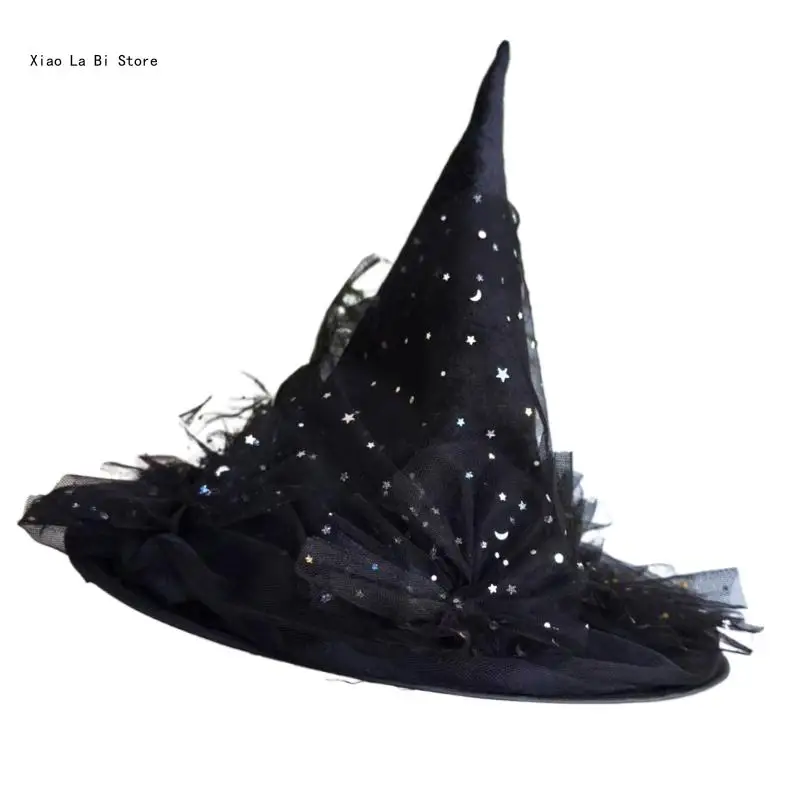 Halloween Witch Hat for Adult Unisex Lace Trim Wizard Hat Roleplaying Pointed Hat Theme Party Dress Up Star Witch Hat XXFD