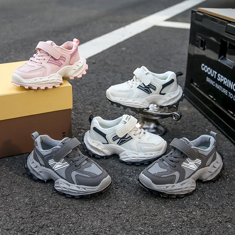 Chunky Sneakers for Children Mesh Platform Shoes Stripes Hook&loop Girl Trendy Trainers Thick Sole Boy School Shoes Girl IY08073