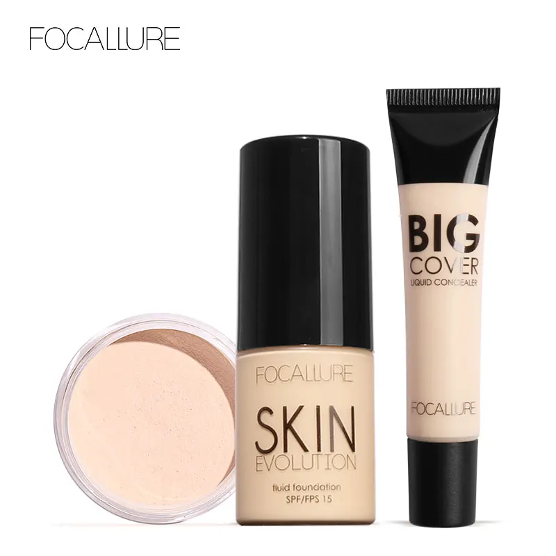 FOCALLURE 3 Pcs Makeup Set Include Liquid Foundation Face Concealer Cream Loose Powder Women Cosmetic Kit