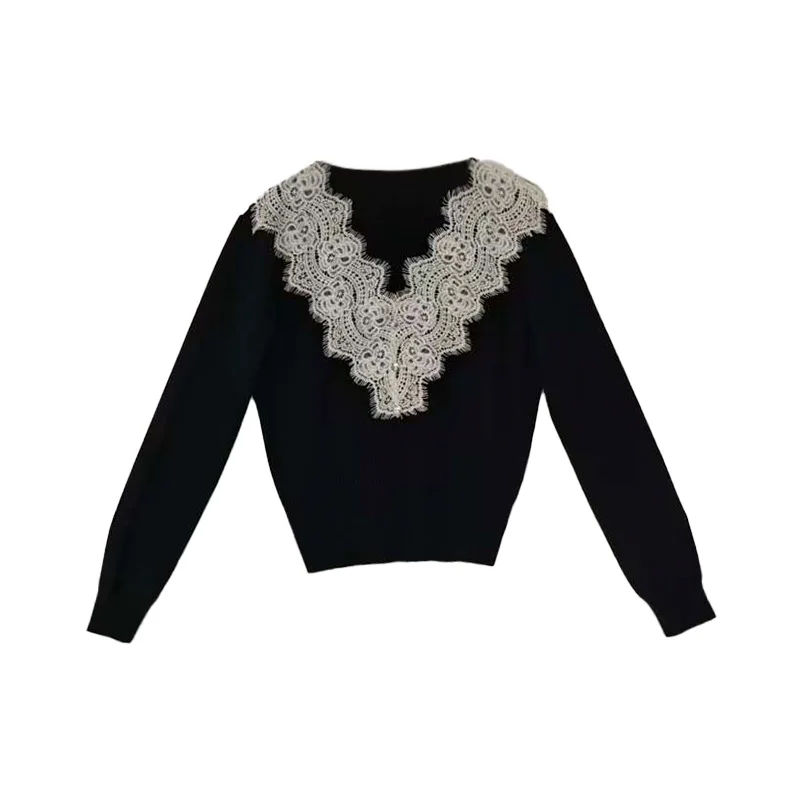 2025 Autumn Hot Sale Gentle Style Lace Splicing Knitted Solid Color Bottom Shirt for Women 2