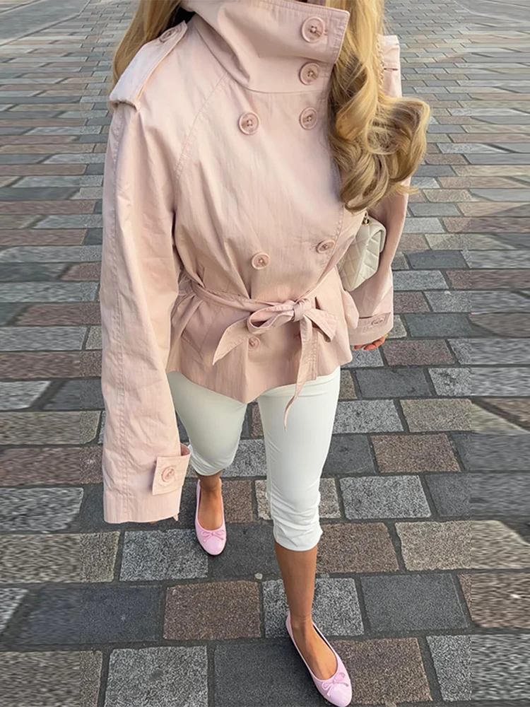 Women Cropped Trench Coat Double Breasted Belted Waist Shoulder Strap Long Sleeve Slim Fit Short Coat Elegant Ladies Outerwear
