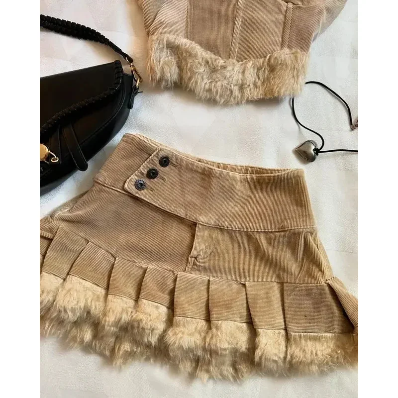 2025 Y2k بدلة تنورة جديدة Harajuku موضة قطعتين مجموعة المرأة القوس محبوك بأكمام طويلة البلوز Kawaii مثير Mini Sk eqs9X