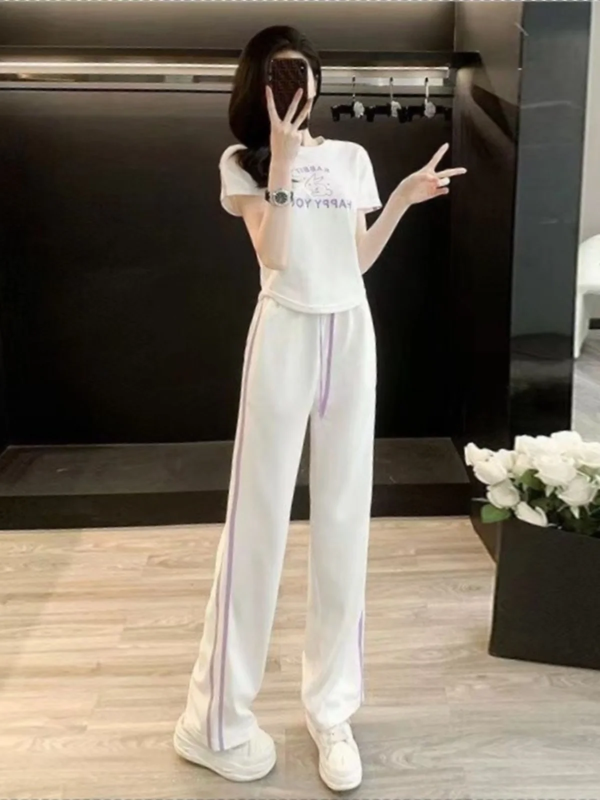 

Hong Kong Style Casual Sportswear Set Women Summer Fashion Age-Defying Short Sleeve High Waist Straight Leg Wide Leg Pants Tw...