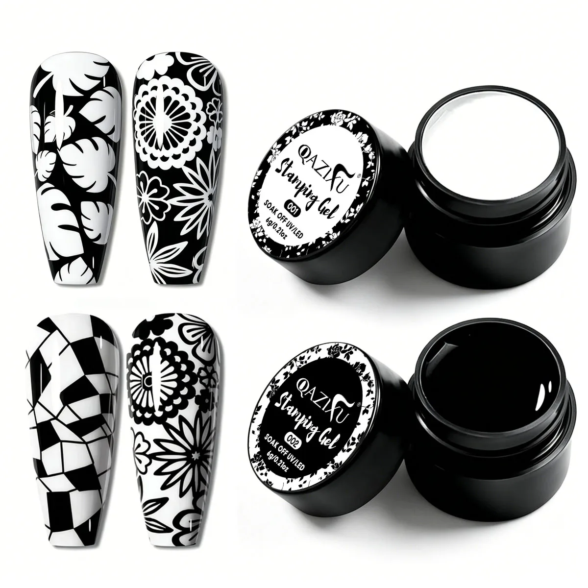 QAZIXU Black & White Stamping Gel Polish Set Transfer Nail Art for Plate Design Semi Permanent Soak Off UV LED Manicure Tool - view 4