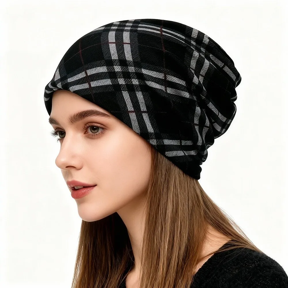 

Contrasting Colors Pullover Hat Plaid Print Multifunctional Casual Hedging Cap Scarf Pullover Hat Turban Hats Autumn and Winter