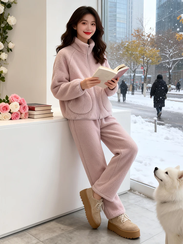 Winter Nieuwe plus Size Fce Gevoerd Verdikt katoen Jaet Wijde Pijpen Broek Tweedelige Set Vrouwen Casual Spor Chic Sle