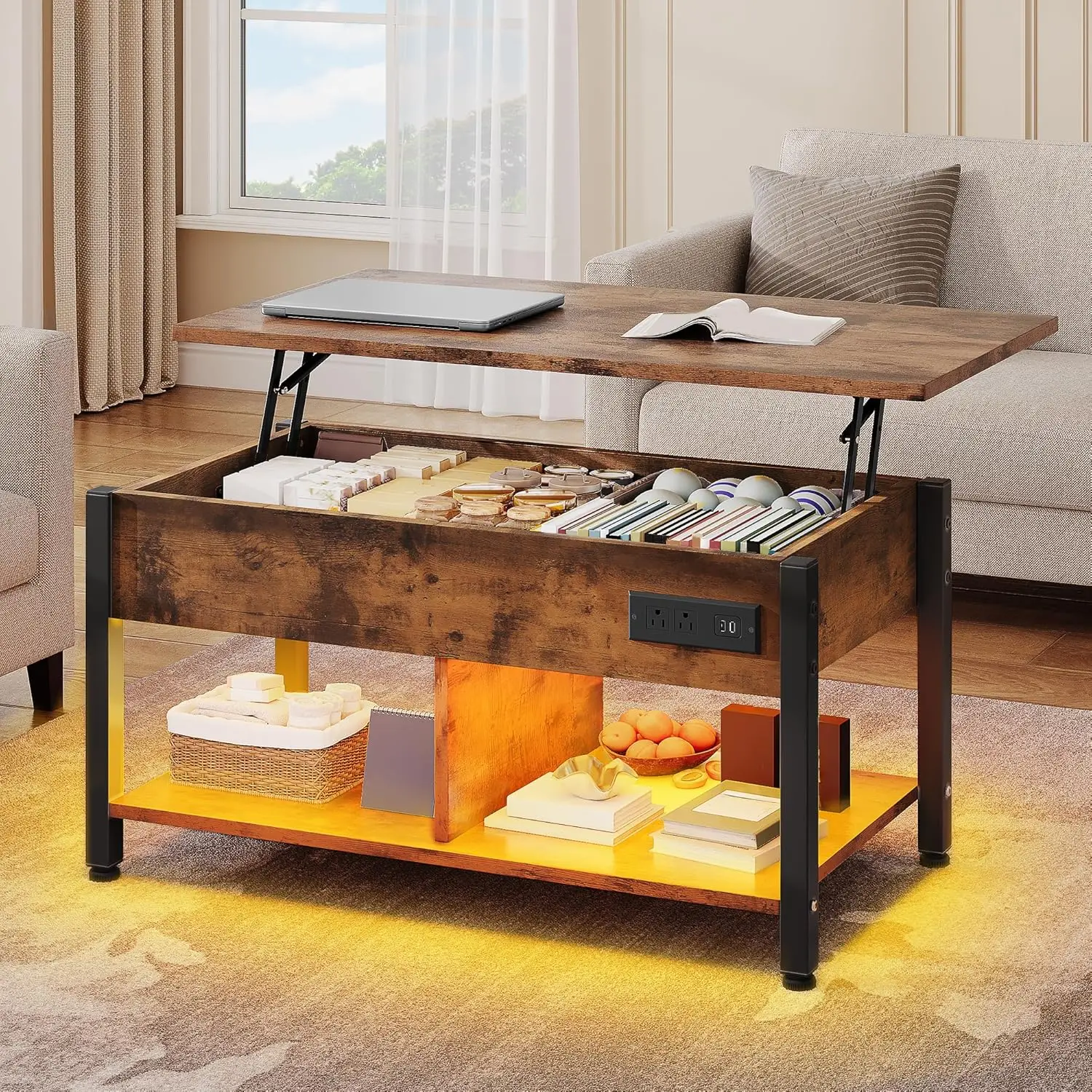 

Lift Top Coffee Table with RGB Light, 3-in-1 Coffee Table with Power Outlets, Hidden & Open Storage, Adjustable Height