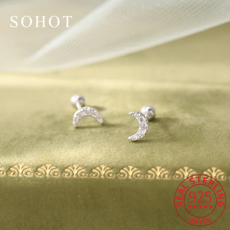 

Real 925 Sterling Silver Zircon Moon Piercing Screw Bead Tiny Stud Earrings for Women Fine Jewelry Light Luxury Accessories