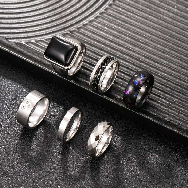 Multi‑style Stainless Steel Rings Assorted Pack, Rectangle White Stone, Glitter Glow & Chain Design, Mixed‑shape Jewelry For Men