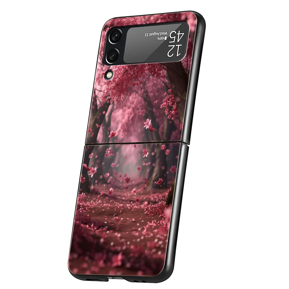 Pink Spring Cherry Blossoms Hard PC Phone Case For Samsung Galaxy Z Flip 5 4 3 Black Cover For Galaxy Z Flip 6 Shockproof Capas