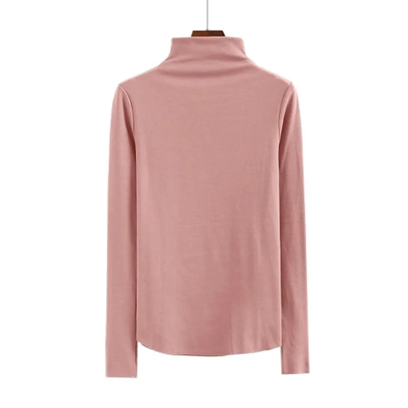 2023 New Bottoming Shirt Women's Brushed Top Korean Style Solid Color Tees Long Sleeve Middle Collar Fall Winter Slim T-Shirts