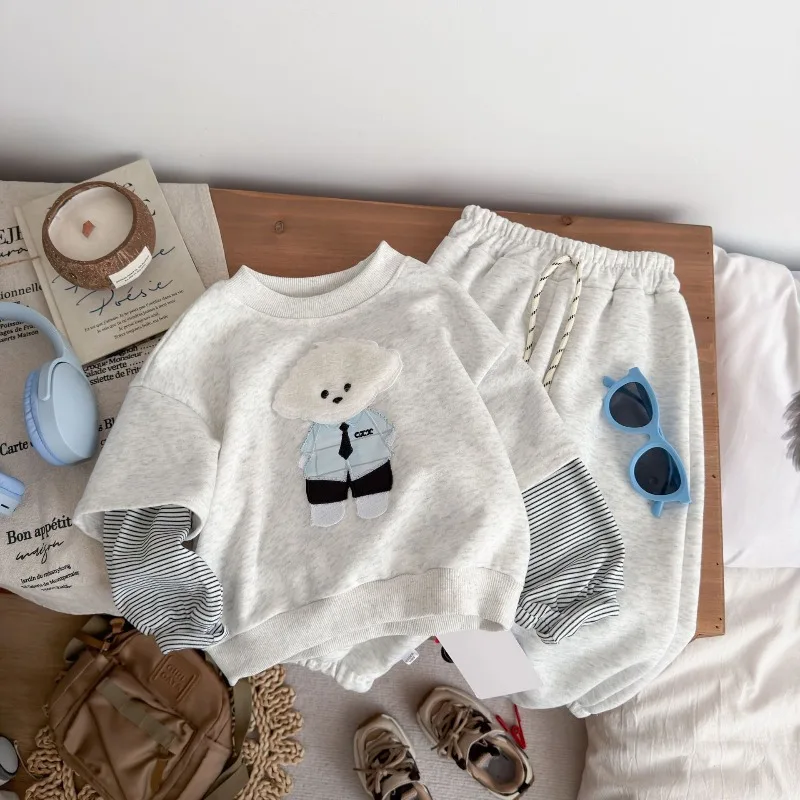 RAISE Herbst 1-12 Jahre Kinder Jungen 2-teiliges Kleidungsset mit Hundeaufdruck, Kinder Jungen Fake Two Piece Oberteil + Hose, Outfits, Teenager Jungen Trainingsanzüge – Detail 1