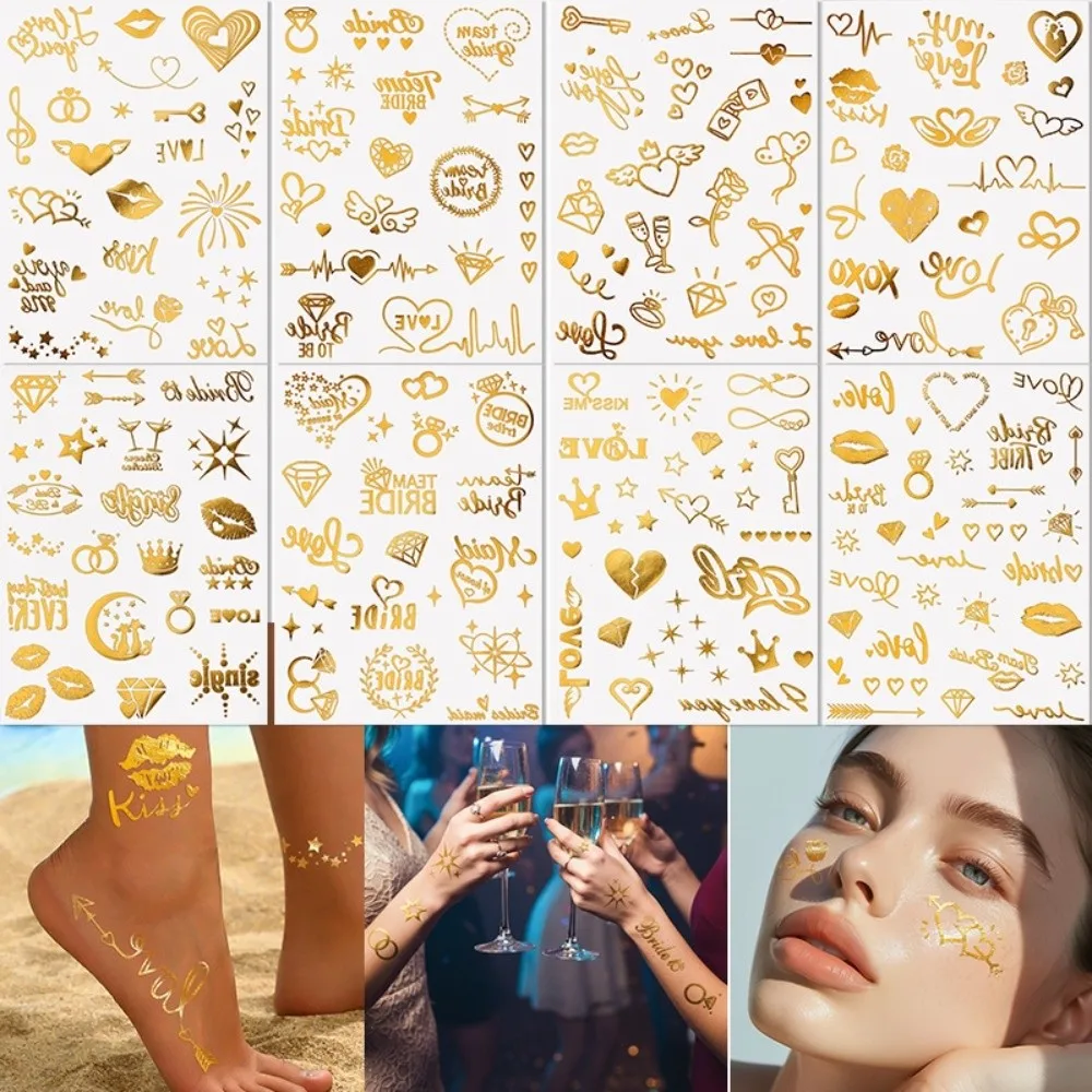Water Transfer Gold Stamping Tattoo Stickers Fake Waterproof Temporary Tattoo Gold Instant Body Art Sticker Valentine's Day