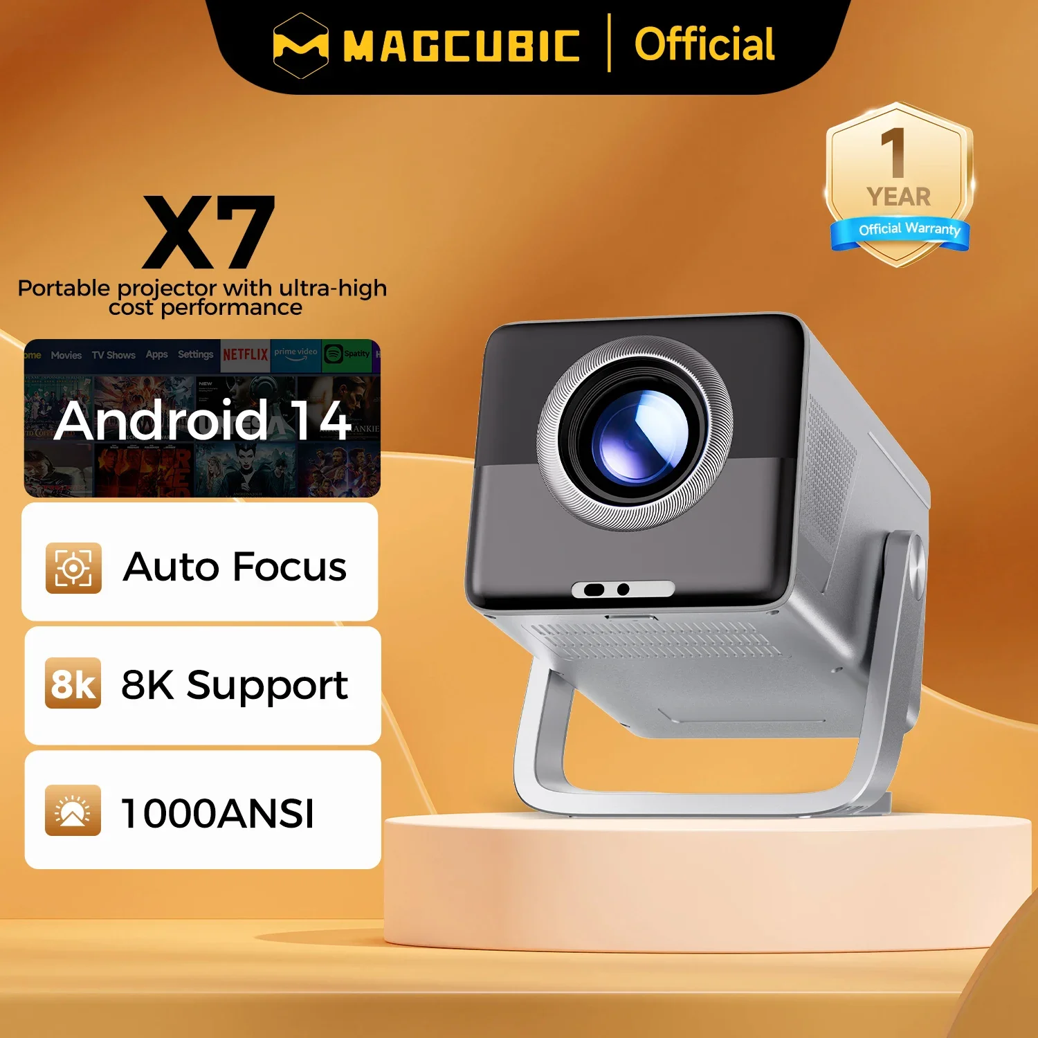 

Проектор Magcubic 8K HD 1080P 1000ANSI X7 с динамиком 5 Вт Android 14 WiFi6 BT5.4 Поддержка уличного видео домашнего кинотеатра