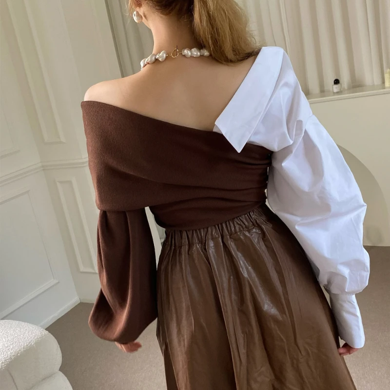 Hikigawa V Neck Chic Fashion Blouse Off Shoulder Vintage Contrast Color Elegant Shirt All Match Casual Blusas Tops Mujer De Moda