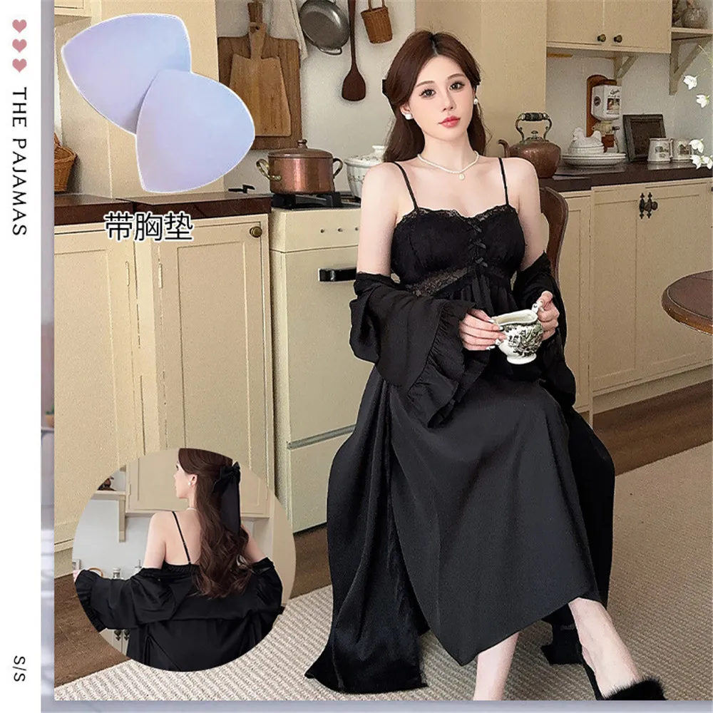 Women 2PCS Flare Sleeve Robe Set Sleepwear Sexy Bride Long Wedding Bathrobe Dress Nightgown Spring Summer Home Wear