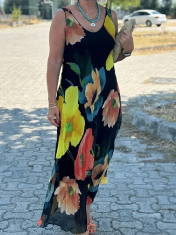 

Elegant Maxi Dress for Women Sleeveless U-Neck Floral Print Loose Waist Long Dresses Female Casual Fashion Ladies Dresses Summer