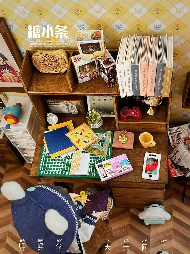 Miniature Doll House Furniture Mini Scientist Workbench Desk Studio Scene School Things  Bookshelf Doll House Accessories