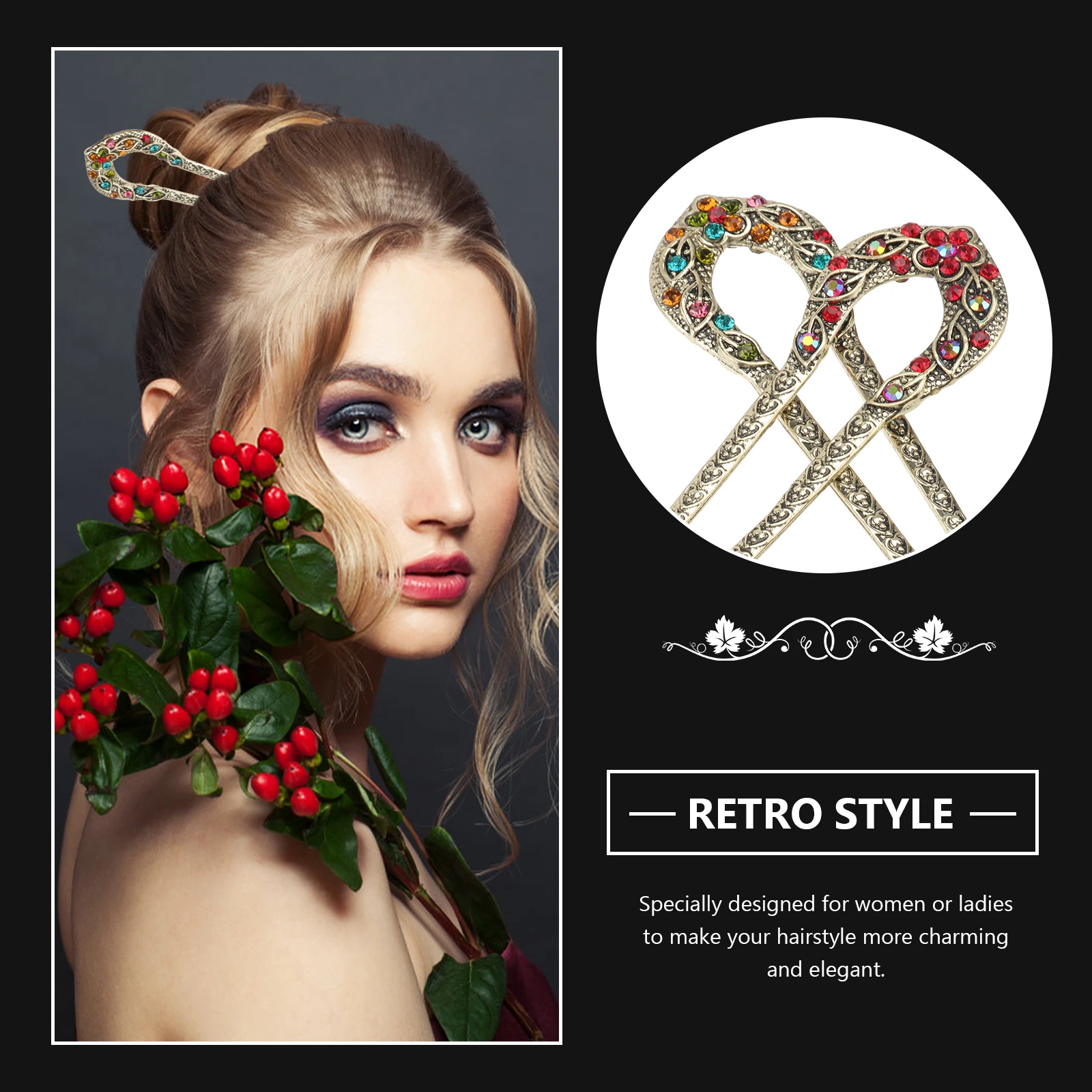 

2Pcs Vintage Hair Stick Crystal Rhinestone Double Prong Alloy Simple Elegant Design Women Ladies Hairstyle Charm