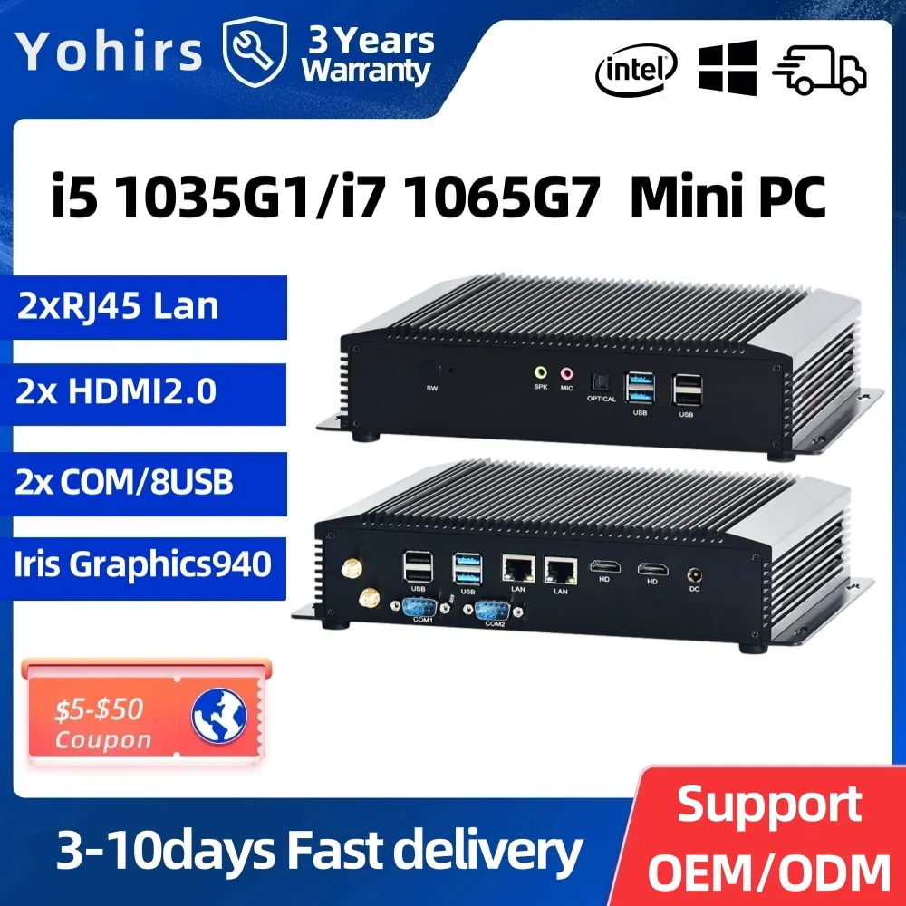 Yohirs 10th Gen Industrial PC Core i7 1065G7 I5 1035g1 2*Lan 2*RS232 COM 2*HD-MI2.0 4K@60Hz Mini Computer with Fan for Industry