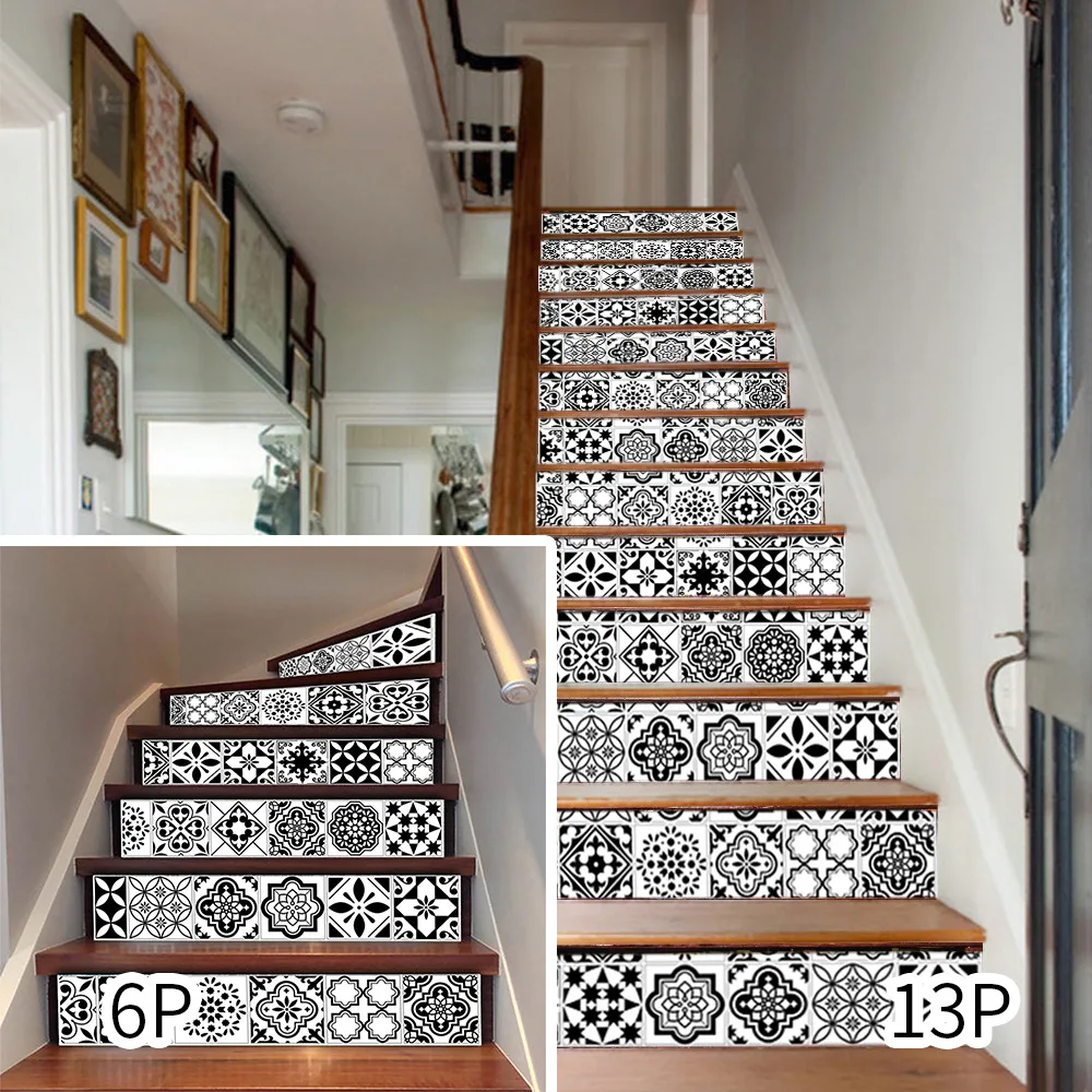 

Black and White Mosaic Pattern Stair Stickers Self-adhesive Stairway Steps Riser Decoration Decals Removable