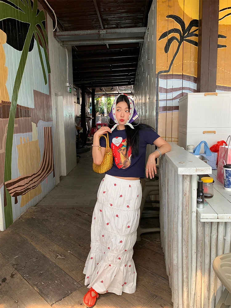 Falda  Estilo Fresco de Primavera, Falda Blanca con Bordado Floral para Mujer, Falda Midi de Cintura Alta con Pliegues de...