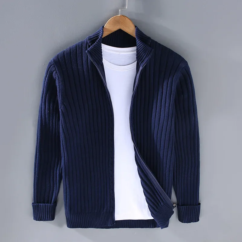 Cardigan Épais à Col Montant pour Homme, Fermeture Éclair, Tout Coton, Vêtements de Rue Solides, Nouvelle Collection Automne/Hiver 2024