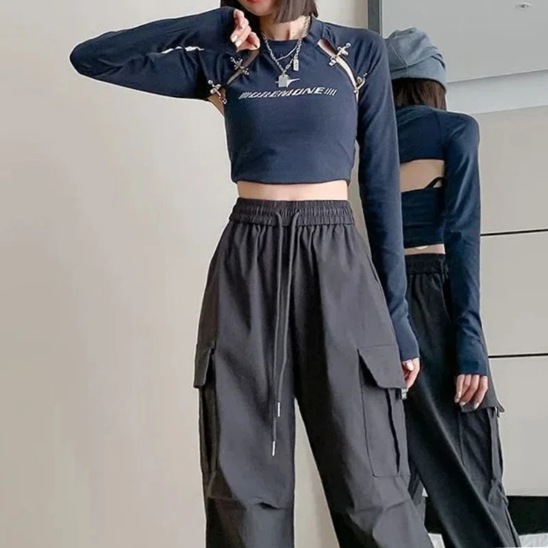 Spring Autumn New Fashion Elastic Waist Solid Color Loose Pocket Drawstring American Style All-match Simplicity Chic Cargo Pants