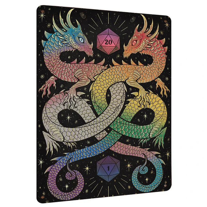 Colorful Twin Dragons Intertwined Metal Wall Art D20 Dice Fantasy Decor for Home Game Room Wall Hanging Decoration