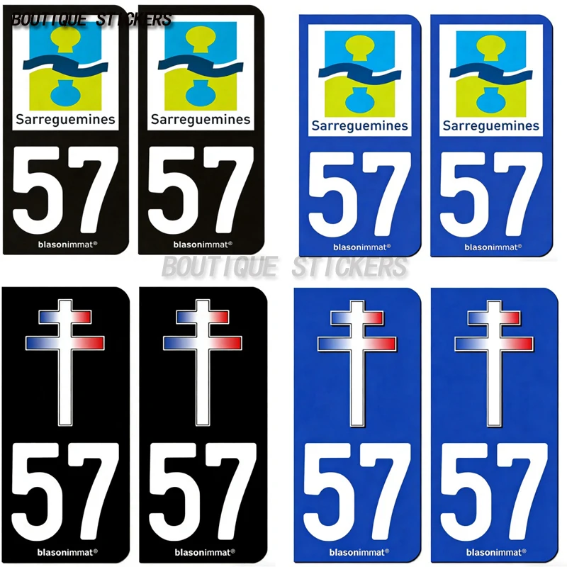 

2Pcs Autocollant plaque d'immatriculation française noir bleu 57 Sarreguemines-Agglo 57 Croix de Lorraine Waterproof PVC sticker