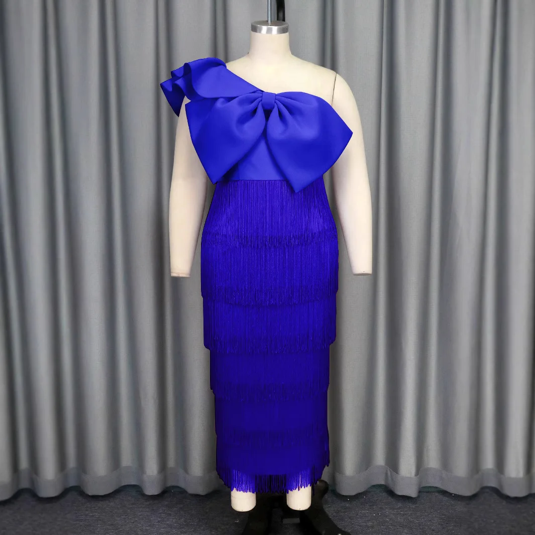 Am041017 Elegante tinta unita aderente con frange abito da festa banchetto collo asimmetrico abito con fiocco grande abito Vestido donna elegante