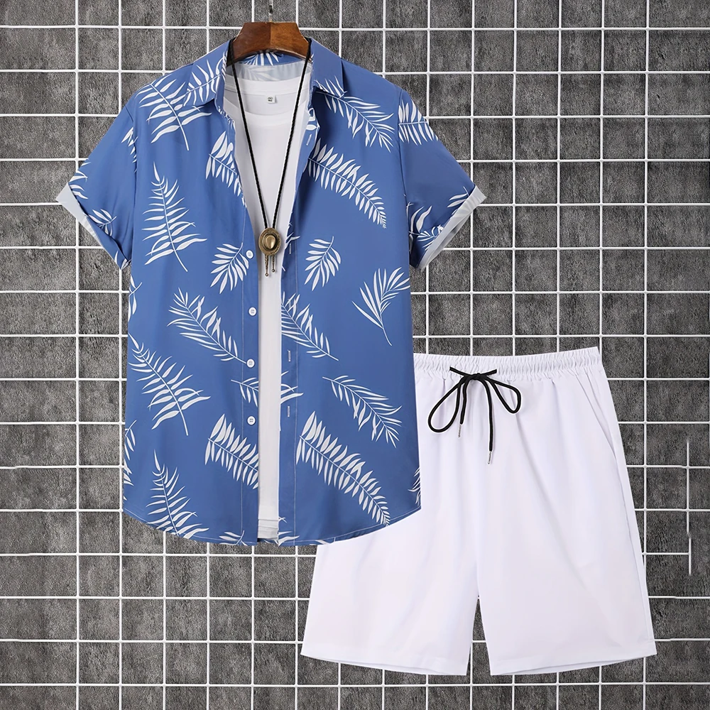 Traje de talla grande para hombre, camisa con botones y solapa estampada en 3D, pantalones cortos con cinturón y cordón de bolsillo, traje informal de verano