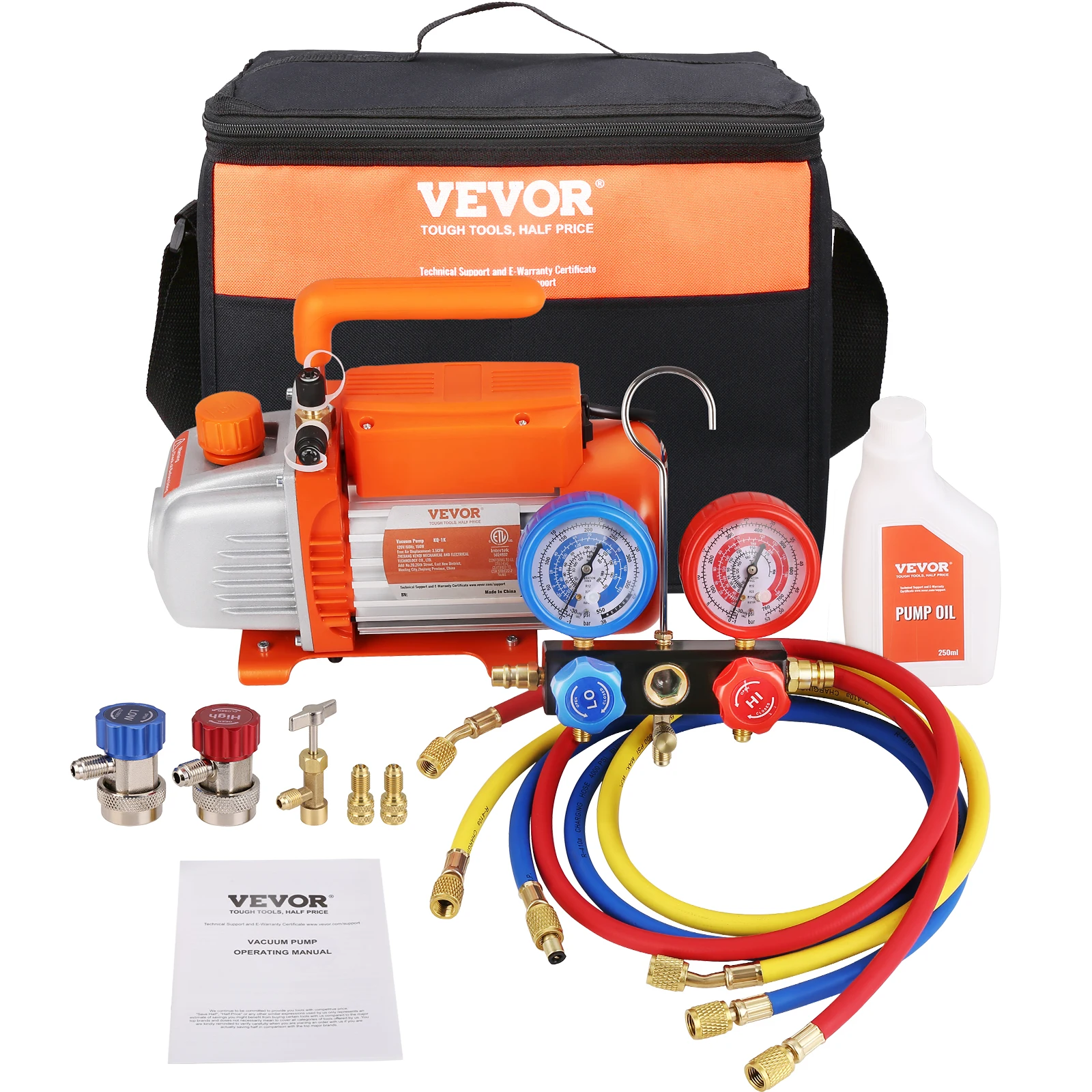 VEVOR-AC Bomba de vácuo e Gauge Set, único estágio palhetas rotativas, HVAC Air Vacuum Pump, refrigerante Kit, Manifold Gauge, 1/4 HP, 3.5 CFM