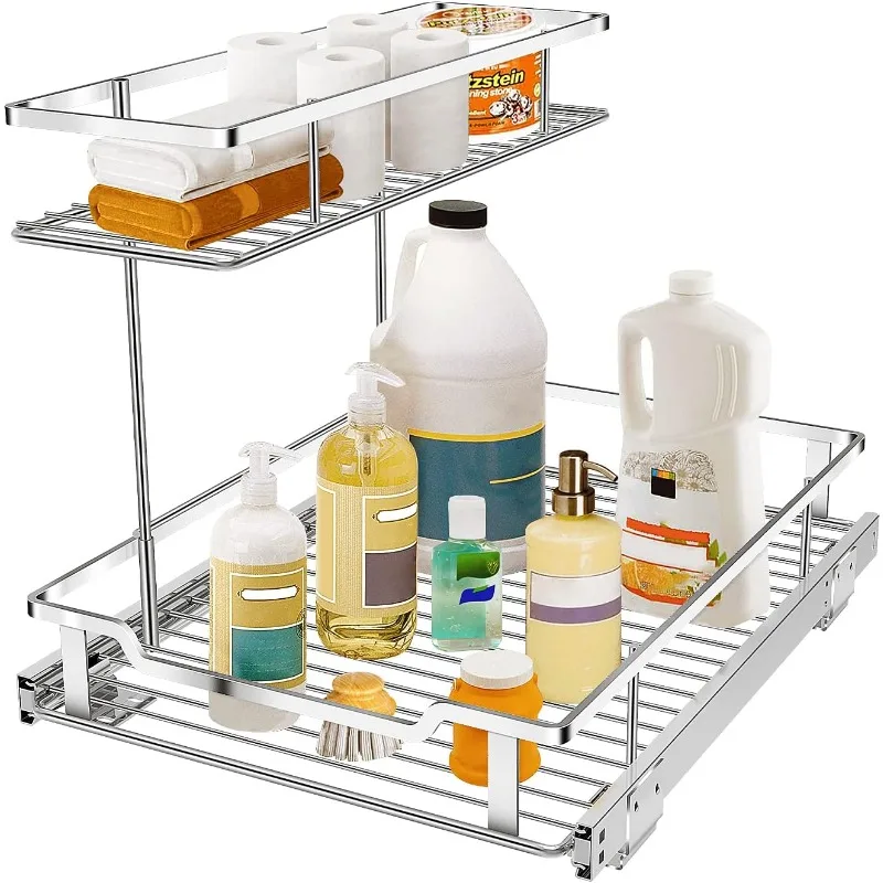 

Pull Out Cabinet Organizer, Under Sink Organizer Kitchen Slide Out Storage Shelf with 2 Tier Sliding Wire Drawer