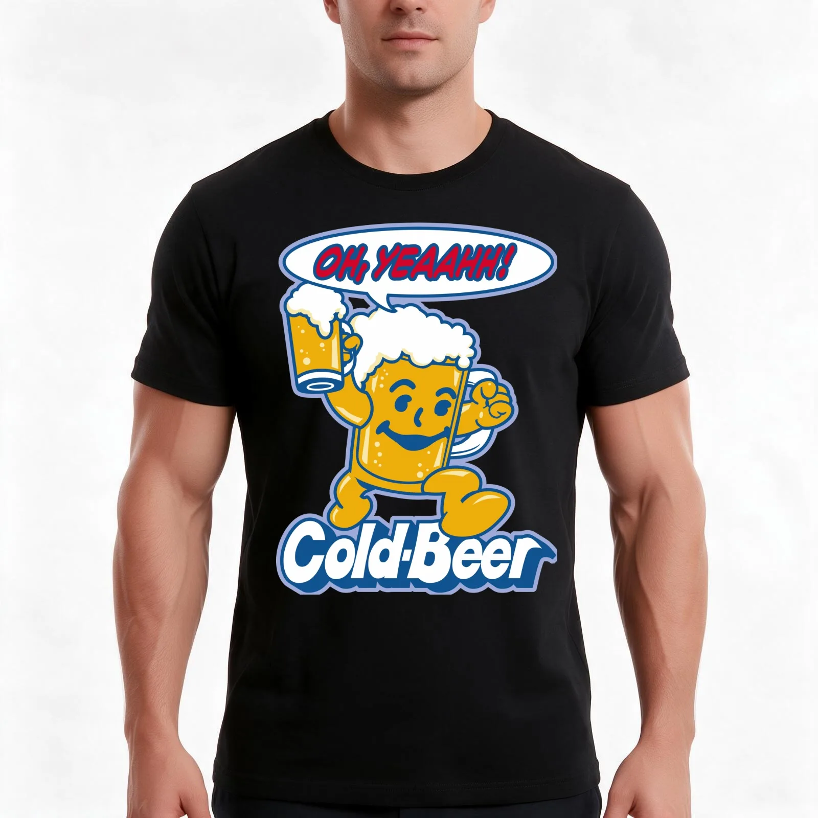 Cold Beer Oh Yeah! T-Shirt, Summer Casual Cotton Tee, Oversized Streetwear Tops, Vintage Graphic Print, Loose Fit Short Sleeve
