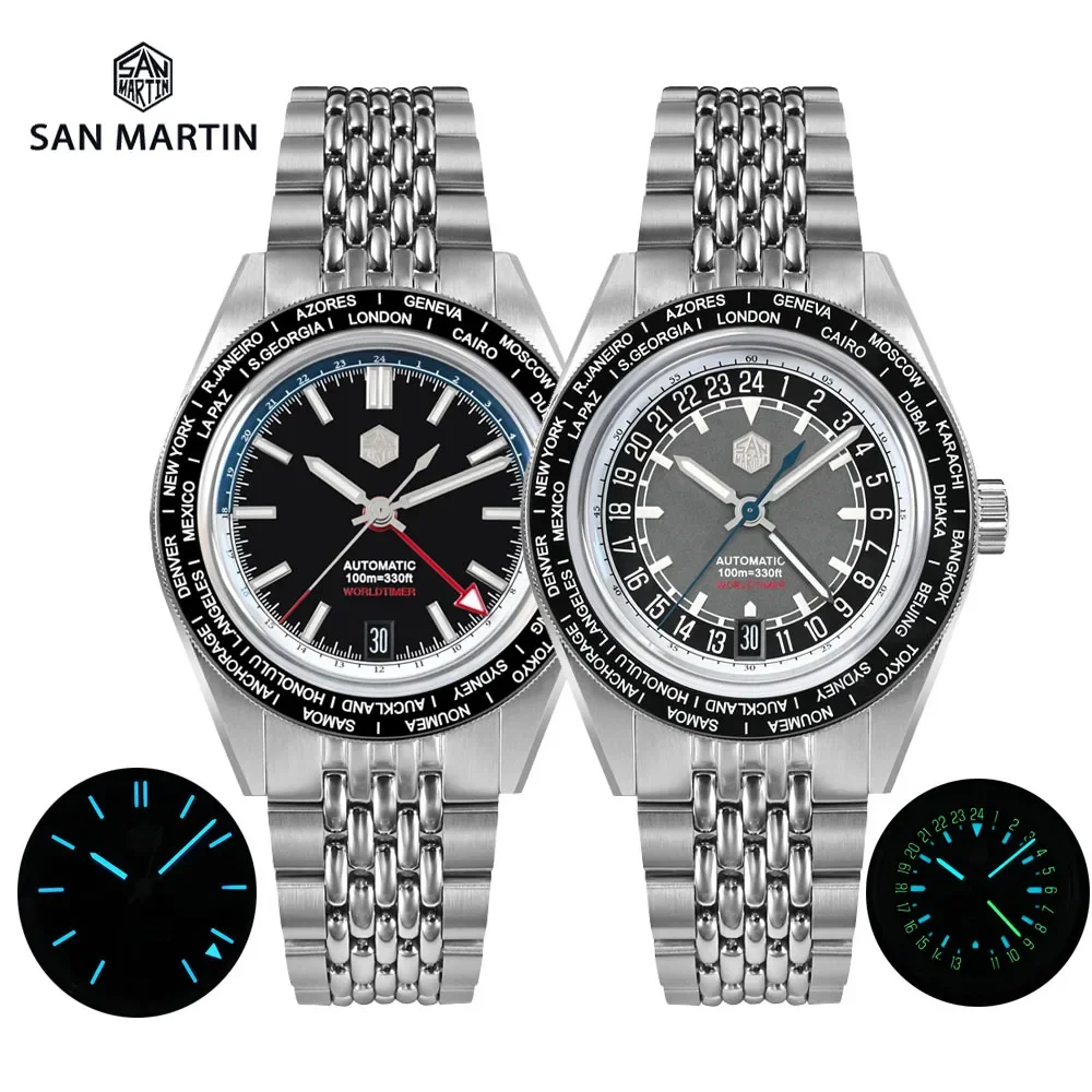 San Martin SN0116-G1/G2 World Timer Watch NH34 GMT 39.5mm Original Design Men Automatic Mechanical Travelers Watches Waterproof