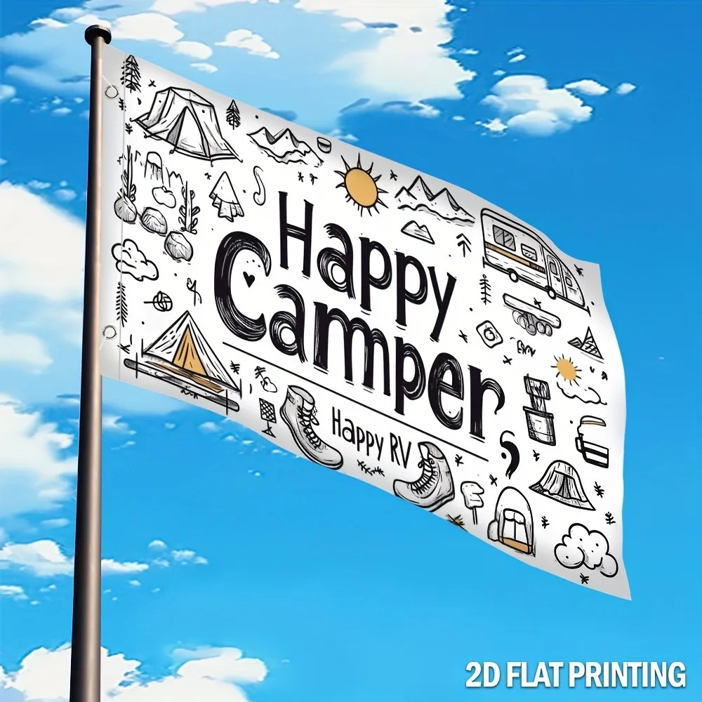 Happy Camper Flag Outdoor Adventure Design Durable Polyester Banner for Camping RV Festivals Garden Decor