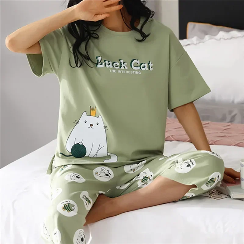 Women Pajama Pyjamas Home Summer Sleepwear Cartoon Sets Plaid Fashion Polyester Capris Short-sleeved Lounge Sleep