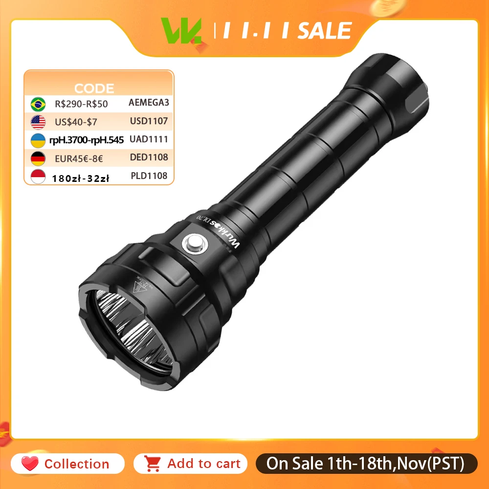 Wurkkos DL70 Scuba Diving Flashlight Ultra-Bright Dual 26650 Battery 13000 Lumens IPX8 Waterproof LED Light 4*XHP50B 4 Modes