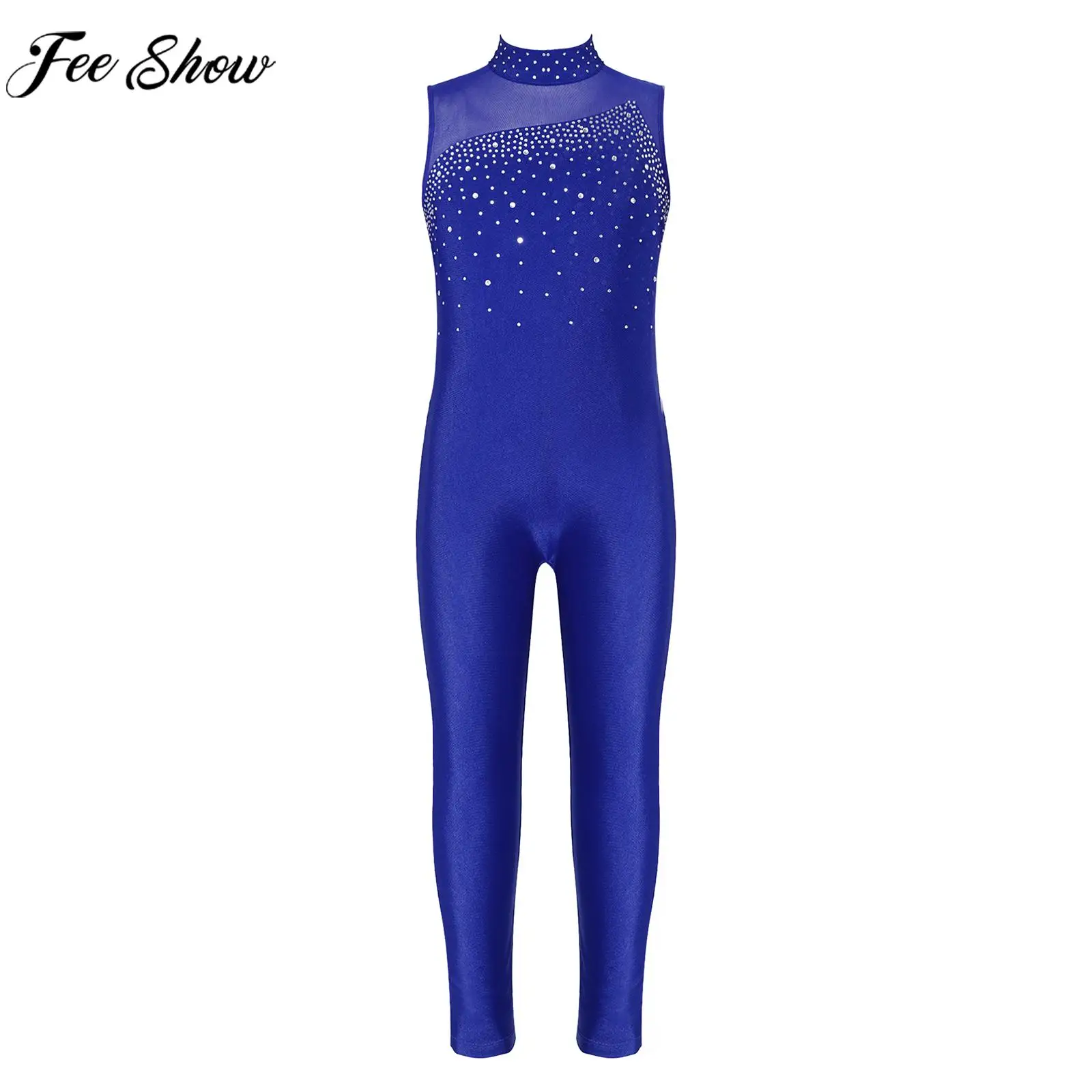 Girls Ballet Dance Leotard Figure Skating Gymnastics Acrobatics Yoga Performance Clothes Shiny Rhinestone Jumpsuit Dancewear