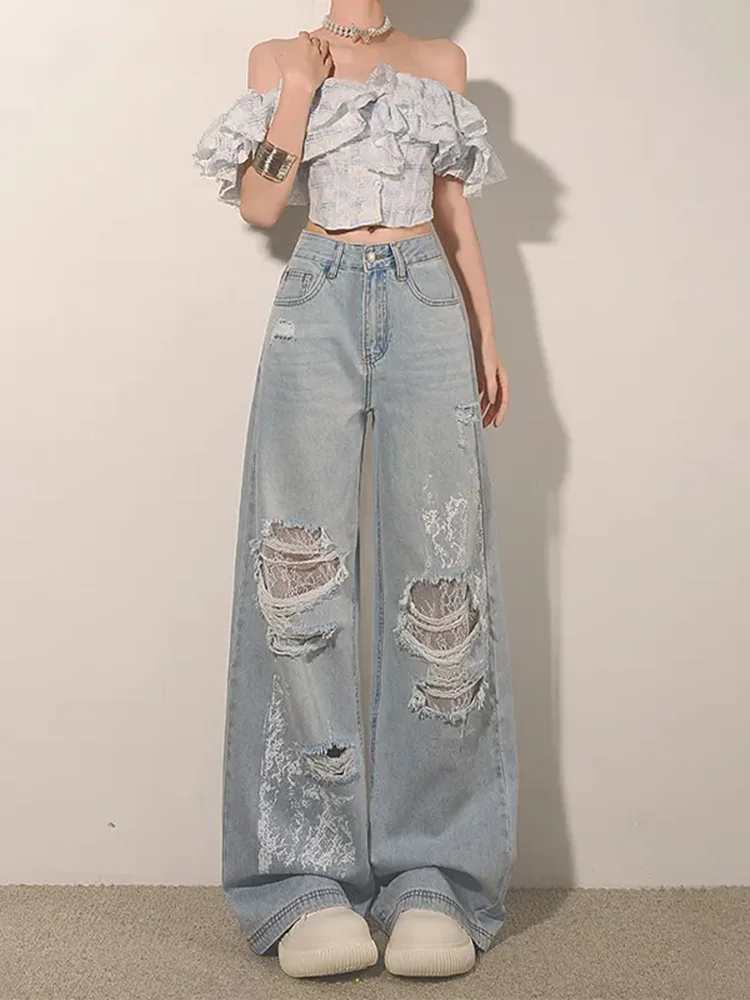 Ripped Lace Patchwork Jeans Women Summer New Fashion High Waist Wide Leg Pants Y2K Streetwear Baggy Straight Denim Trousers
