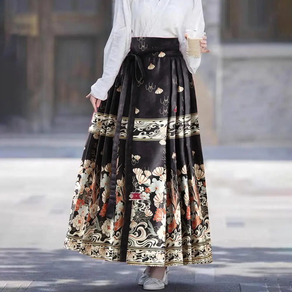 

High Waist Vintage Skirt Elegant Vintage Chinese Maxi Skirt with Floral Print High Waist Women's Hanfu Pleated Horse Face for A