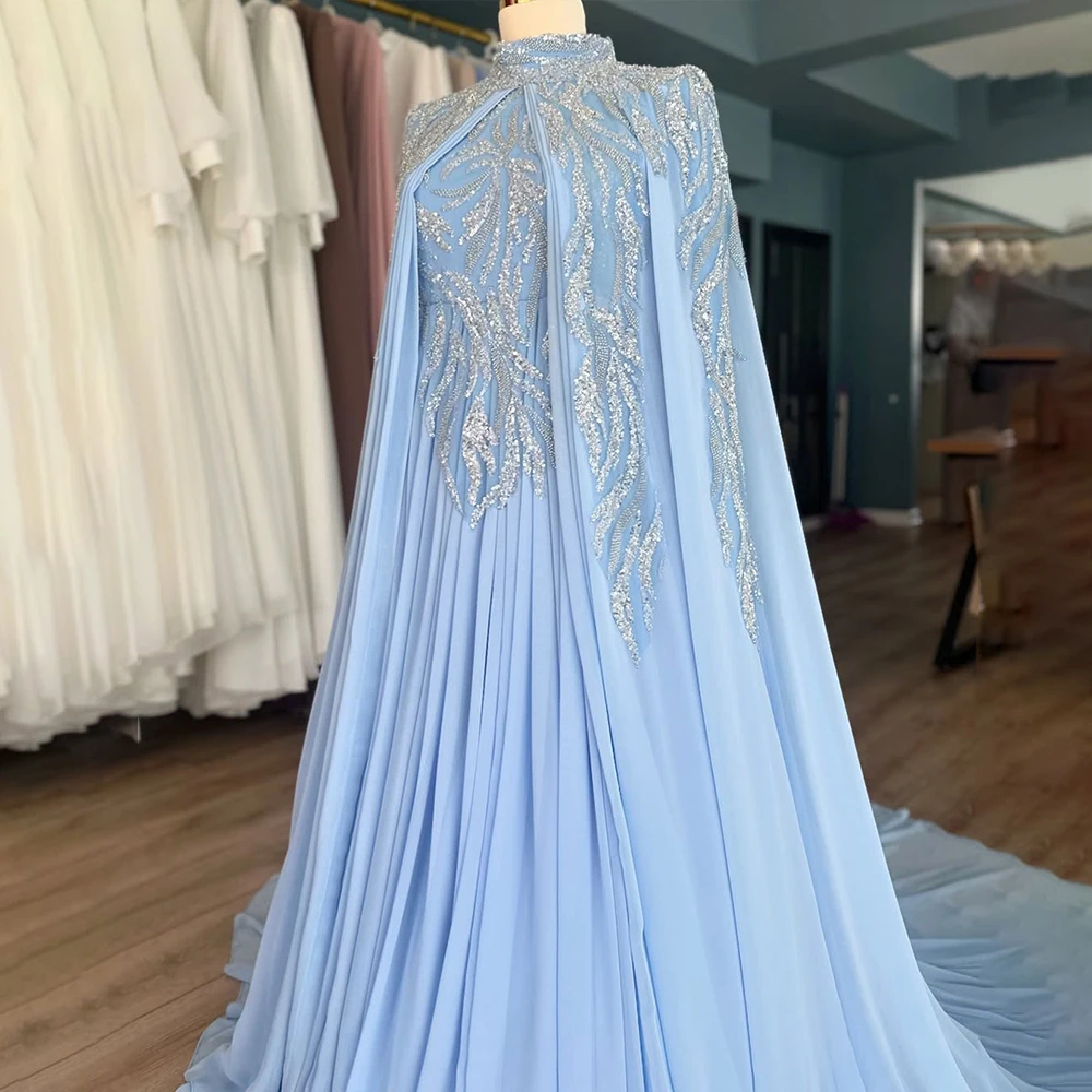 Modest Muslim Evening Dresses High Neck Long Sleeve Light Blue Bride Dress Beading Civil  Bridal Gown Customized robe de mariée