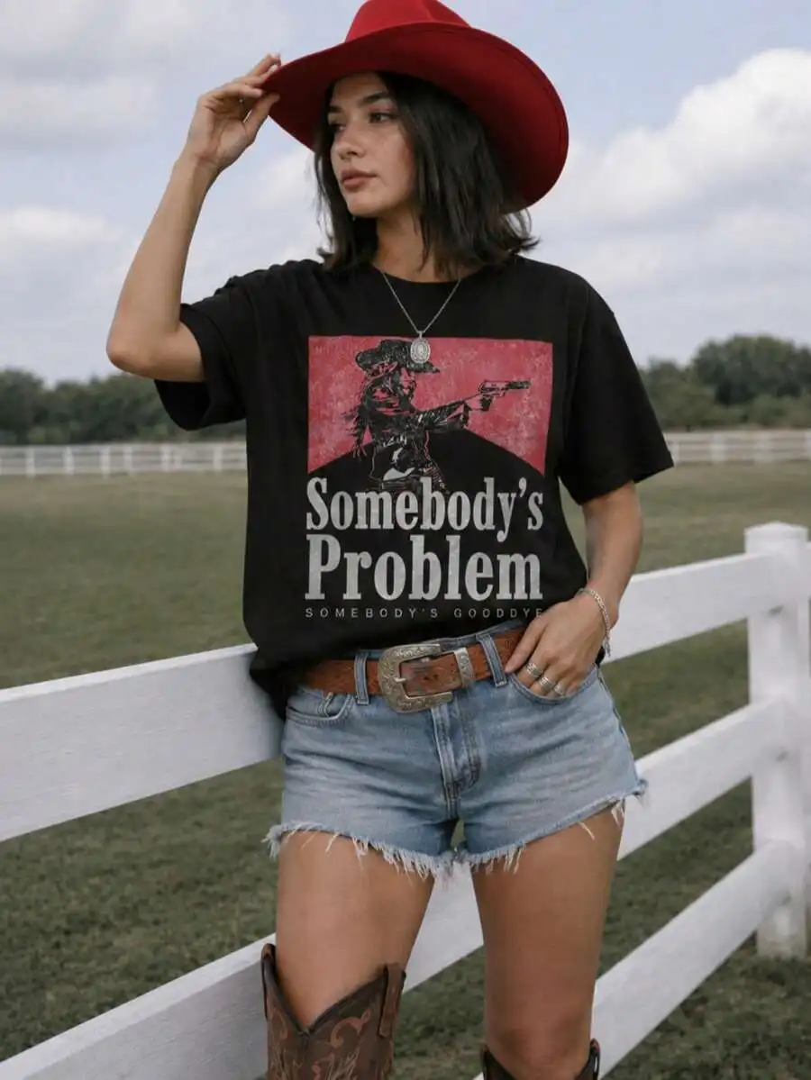 Western Graphic Tee |   Somebody's Problem Cowgirl Vintage Print Women's Casual Loose T-Shirt