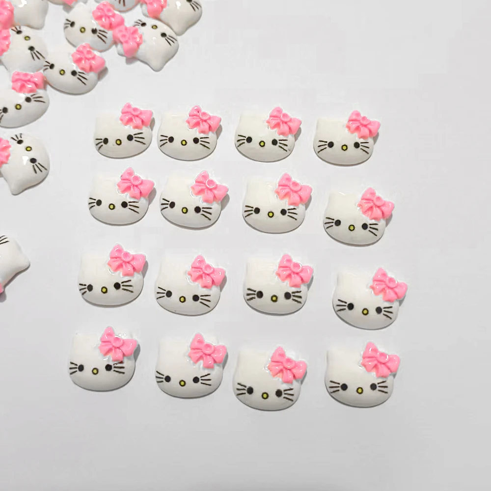 150pcs Light Pink Kitty Without rhinestone Bow Kawaii Resin Cabochons 15mm Flat Back, Hair Clips, Embellishment, DIY Decoration