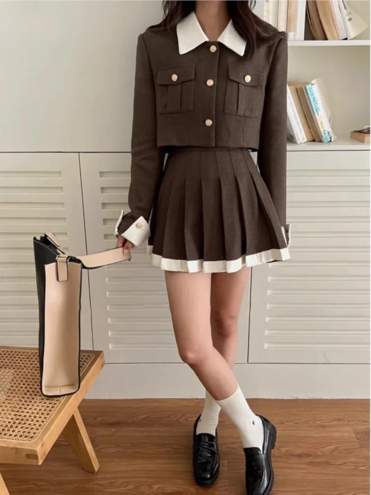 Korea Chic 2 Piece Set Women Autumn Winter Fashion Turn-Down Collar Single Breasted Short Top High Waist Pleated Skirt Outfits