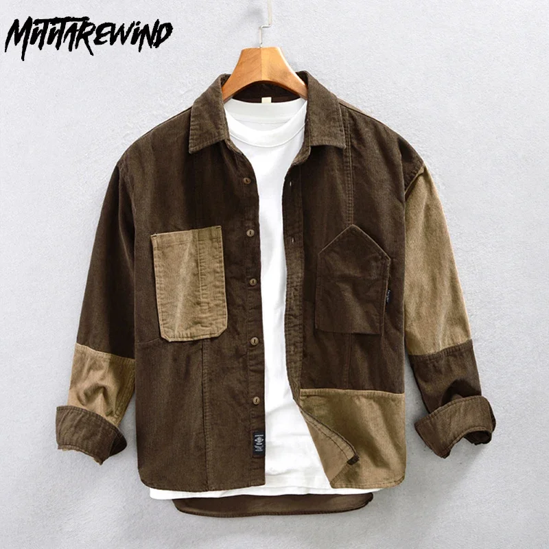 

Spring Fall Long Sleeve Shirt Man High Street Retro Cargo Shirt Men Pure Cotton Patchwork Corduroy Shirt Youth Fashion Shirts